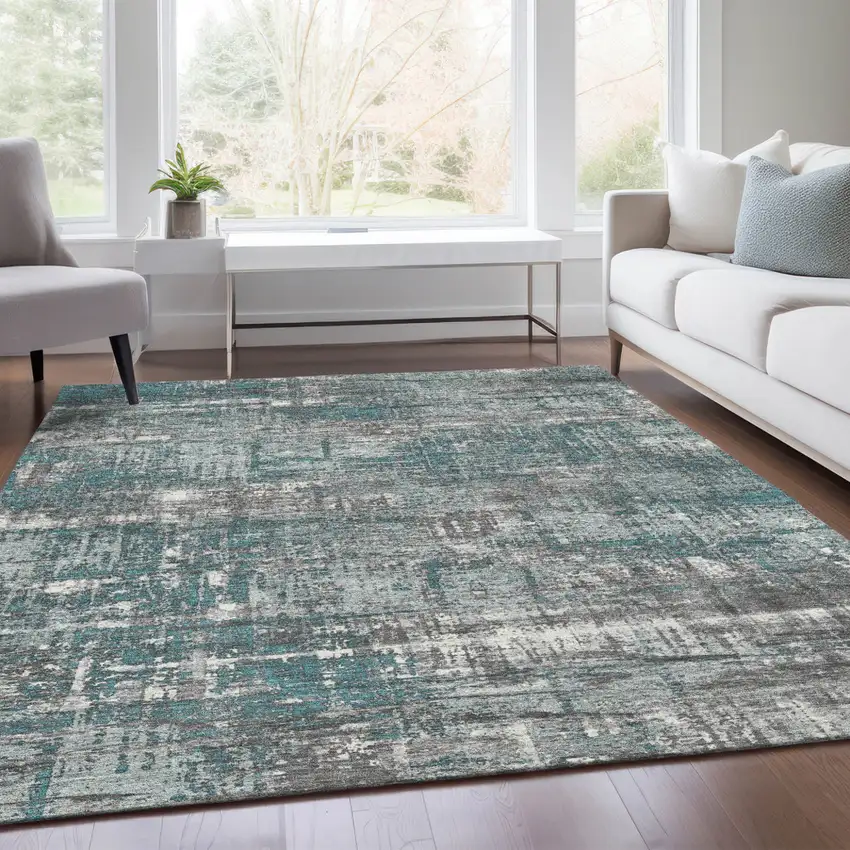 Teal Blue And Gray Geometric Washable Indoor Outdoor Area Rug Photo 7