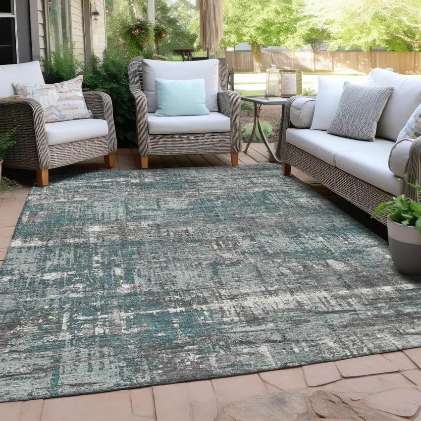 Teal Blue And Gray Geometric Washable Indoor Outdoor Area Rug Photo 5