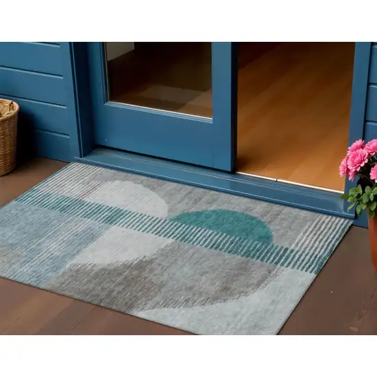 Teal Blue And Gray Geometric Washable Indoor Outdoor Area Rug Photo 2