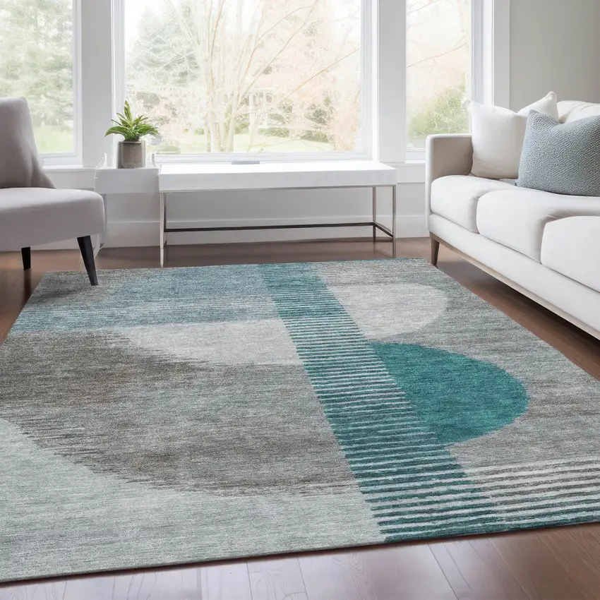 Teal Blue And Gray Geometric Washable Indoor Outdoor Area Rug Photo 7