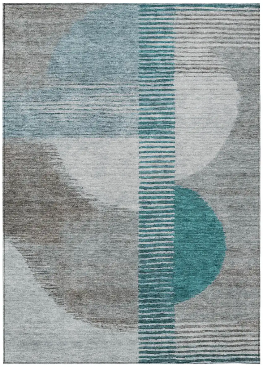 Teal Blue And Gray Geometric Washable Indoor Outdoor Area Rug Photo 1