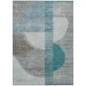 Photo of Teal Blue And Gray Geometric Washable Indoor Outdoor Area Rug