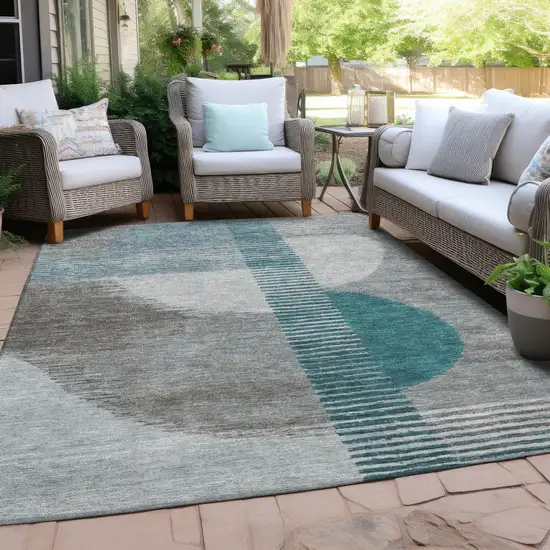 Teal Blue And Gray Geometric Washable Indoor Outdoor Area Rug Photo 5
