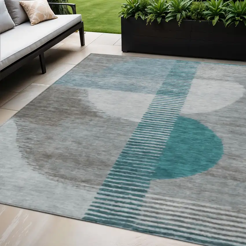 Teal Blue And Gray Geometric Washable Indoor Outdoor Area Rug Photo 2