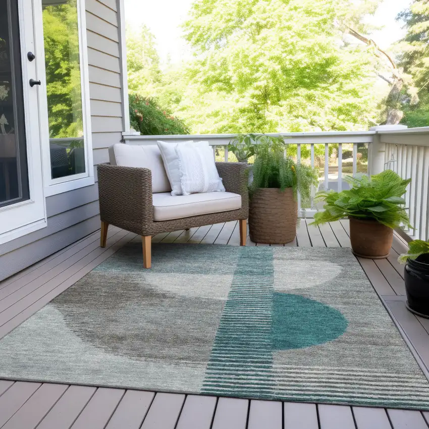 Teal Blue And Gray Geometric Washable Indoor Outdoor Area Rug Photo 8
