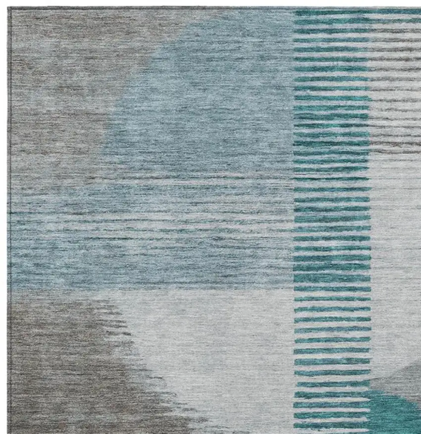Teal Blue And Gray Geometric Washable Indoor Outdoor Area Rug Photo 3