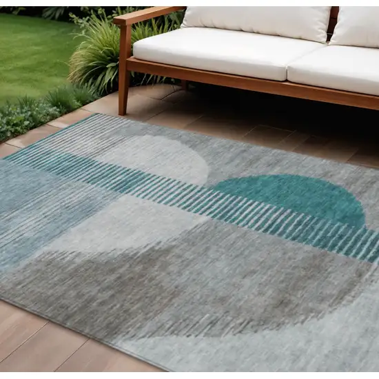 Teal Blue And Gray Geometric Washable Indoor Outdoor Area Rug Photo 2