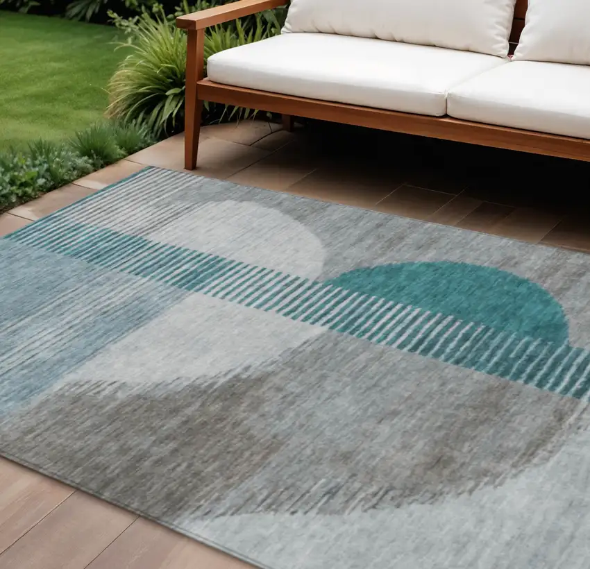 Teal Blue And Gray Geometric Washable Indoor Outdoor Area Rug Photo 2