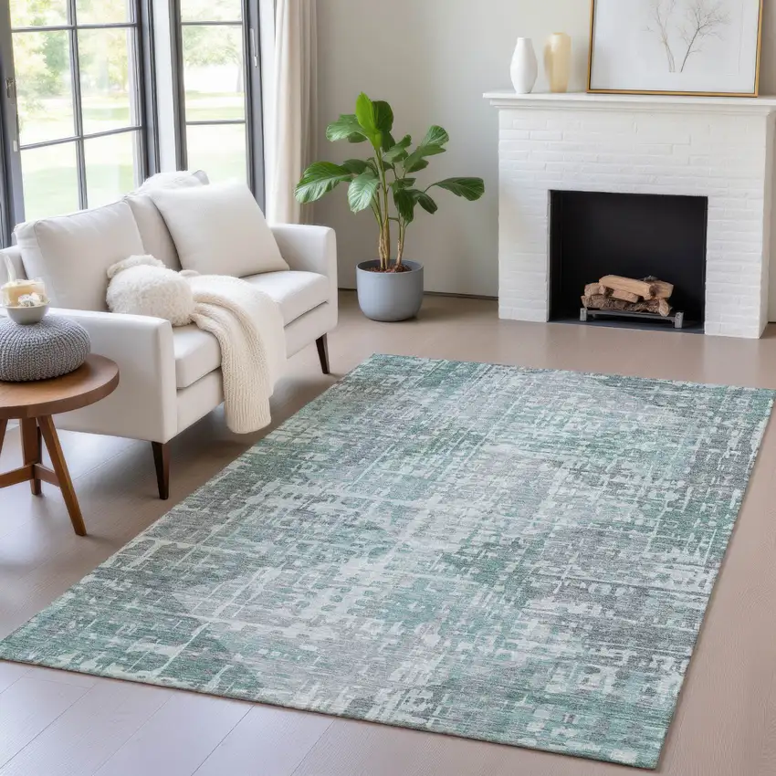 Teal Blue And Gray Geometric Washable Indoor Outdoor Area Rug Photo 6