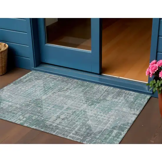 Teal Blue And Gray Geometric Washable Indoor Outdoor Area Rug Photo 2