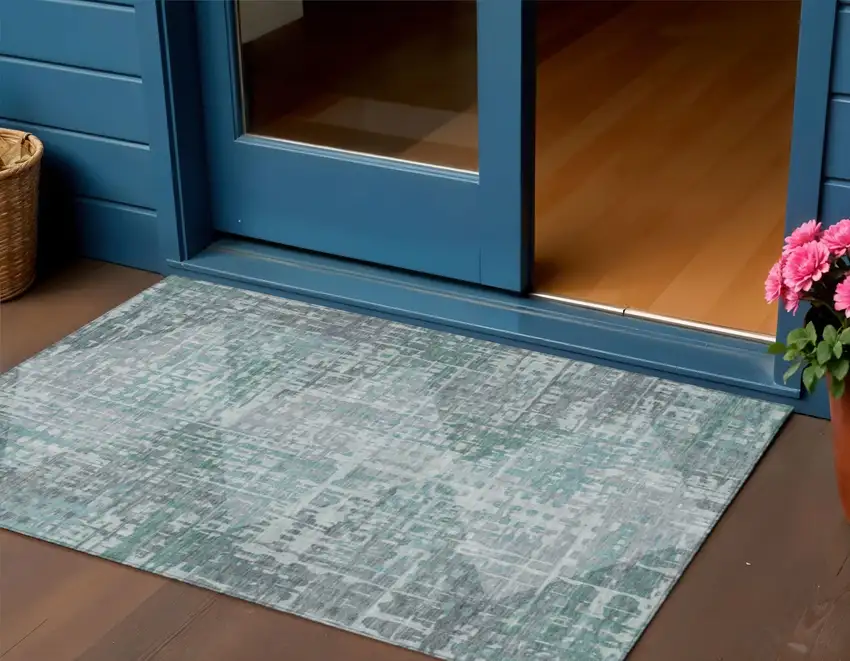 Teal Blue And Gray Geometric Washable Indoor Outdoor Area Rug Photo 2