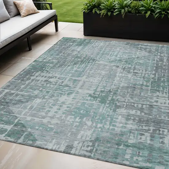 Teal Blue And Gray Geometric Washable Indoor Outdoor Area Rug Photo 2