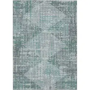Photo of Teal Blue And Gray Geometric Washable Indoor Outdoor Area Rug