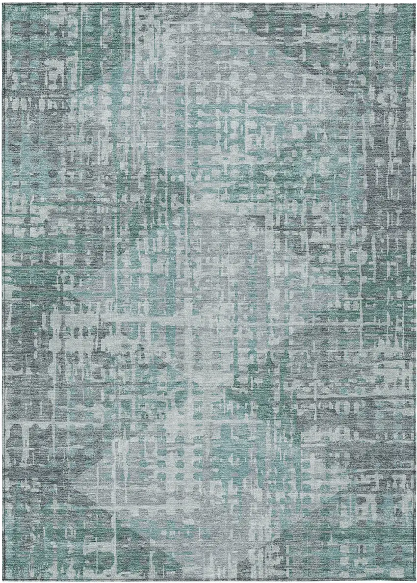 Teal Blue And Gray Geometric Washable Indoor Outdoor Area Rug Photo 1
