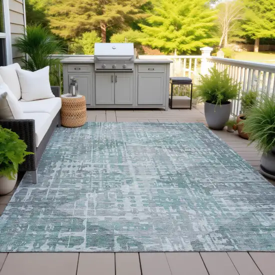 Teal Blue And Gray Geometric Washable Indoor Outdoor Area Rug Photo 5