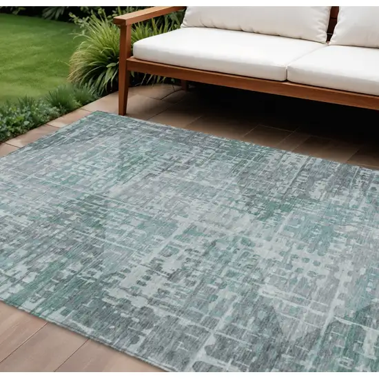 Teal Blue And Gray Geometric Washable Indoor Outdoor Area Rug Photo 2