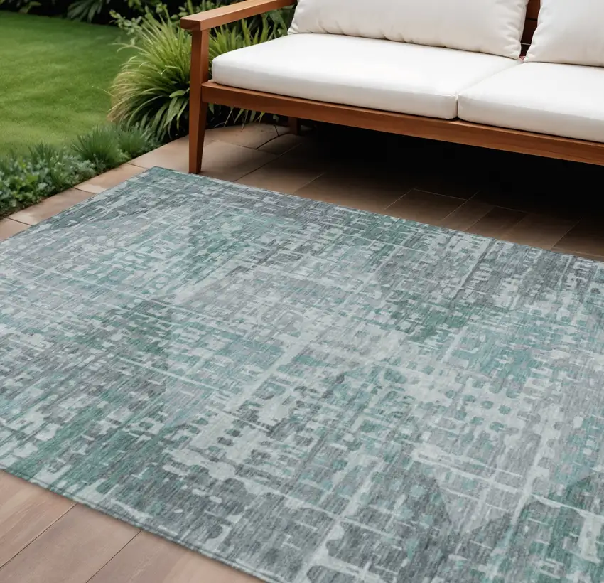 Teal Blue And Gray Geometric Washable Indoor Outdoor Area Rug Photo 2