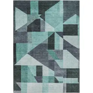 Photo of Teal Blue And Gray Geometric Washable Indoor Outdoor Area Rug