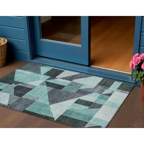 Teal Blue And Gray Geometric Washable Indoor Outdoor Area Rug Photo 1