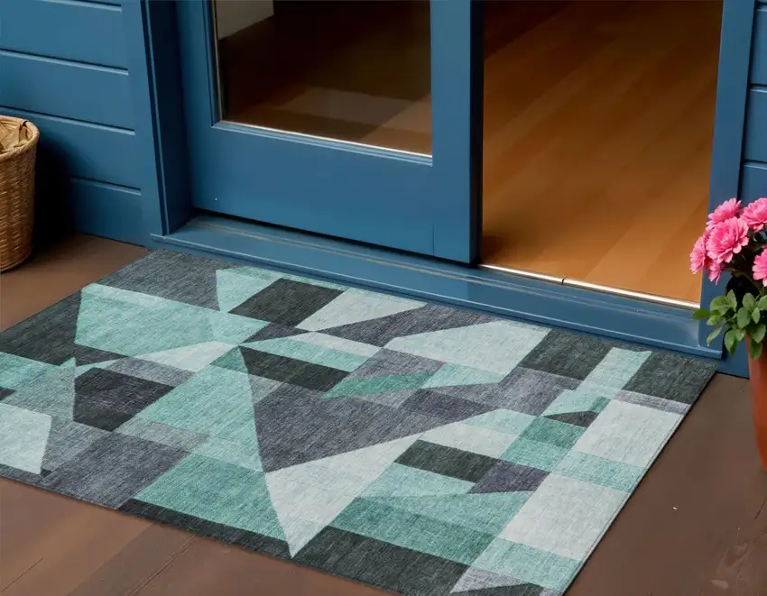Teal Blue And Gray Geometric Washable Indoor Outdoor Area Rug Photo 1