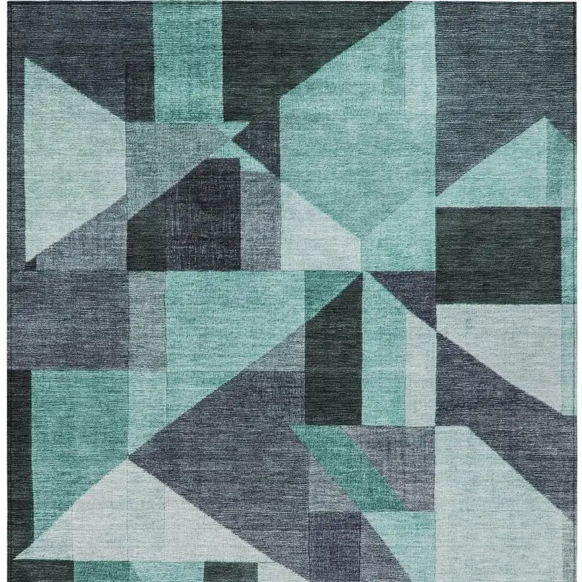 Teal Blue And Gray Geometric Washable Indoor Outdoor Area Rug Photo 3