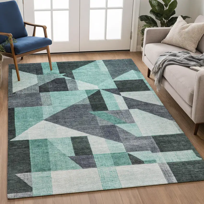 Teal Blue And Gray Geometric Washable Indoor Outdoor Area Rug Photo 5