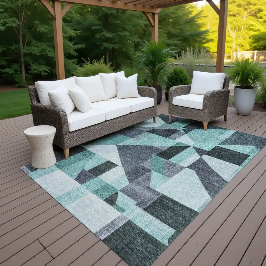 Teal Blue And Gray Geometric Washable Indoor Outdoor Area Rug Photo 7