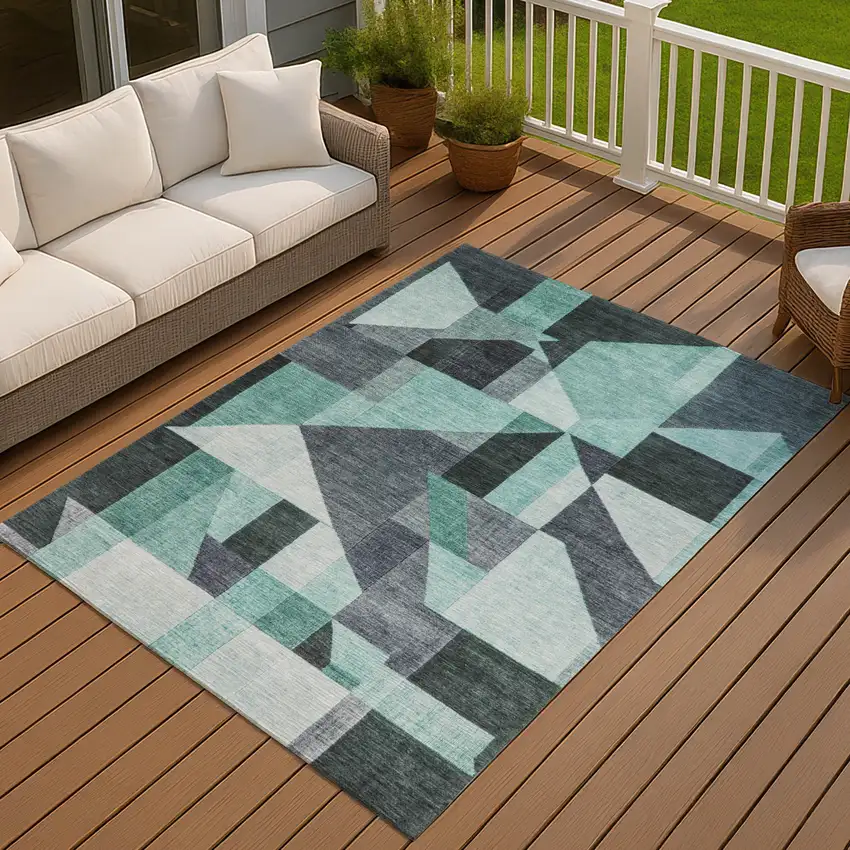 Teal Blue And Gray Geometric Washable Indoor Outdoor Area Rug Photo 4