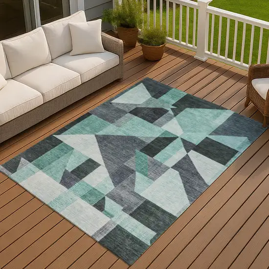 Teal Blue And Gray Geometric Washable Indoor Outdoor Area Rug Photo 4