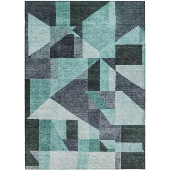 Teal Blue And Gray Geometric Washable Indoor Outdoor Area Rug Photo 1