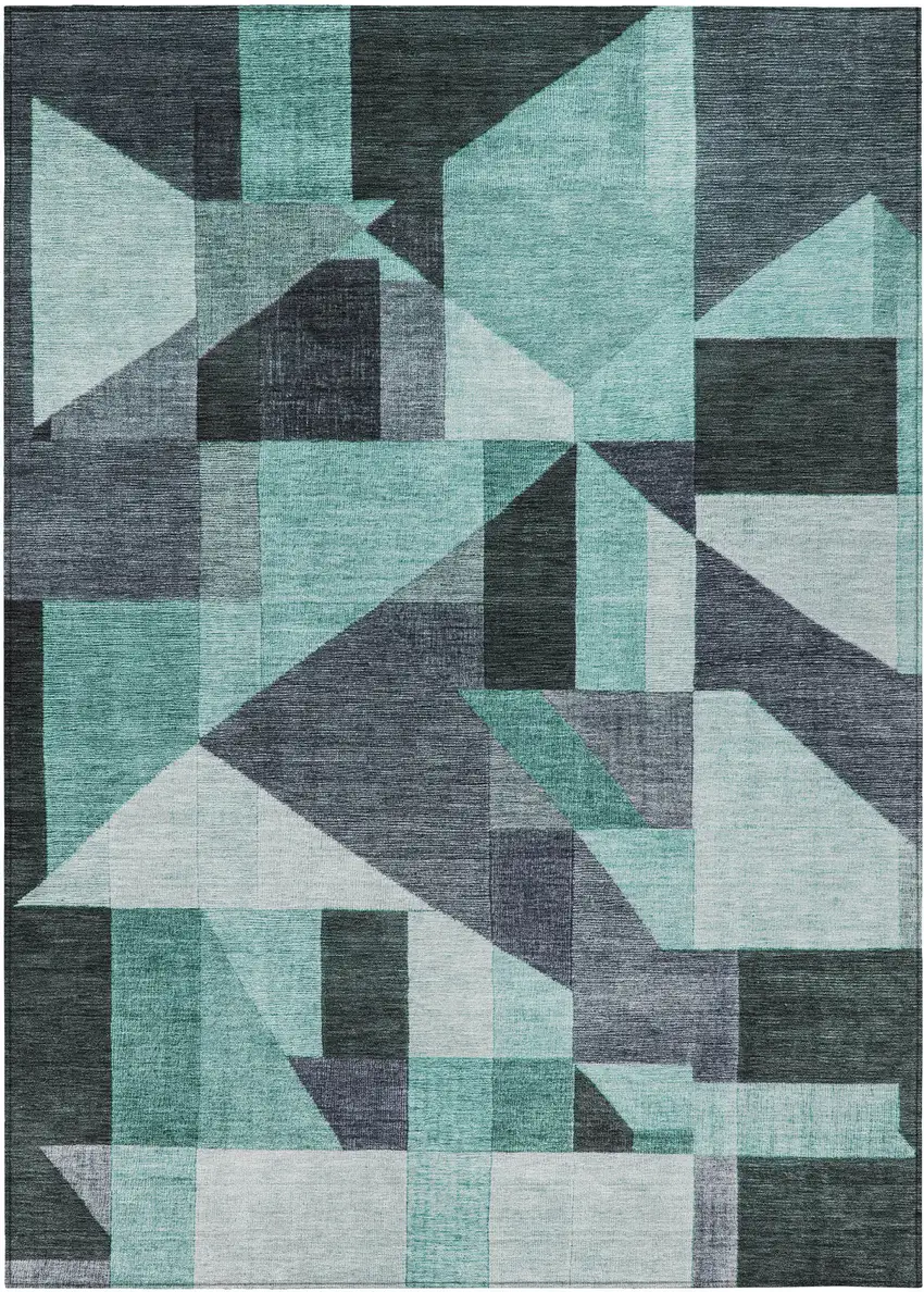 Teal Blue And Gray Geometric Washable Indoor Outdoor Area Rug Photo 1