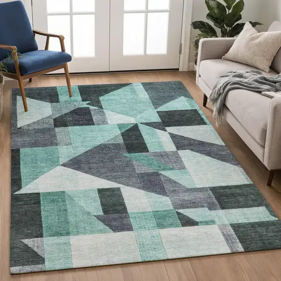 Teal Blue And Gray Geometric Washable Indoor Outdoor Area Rug Photo 5