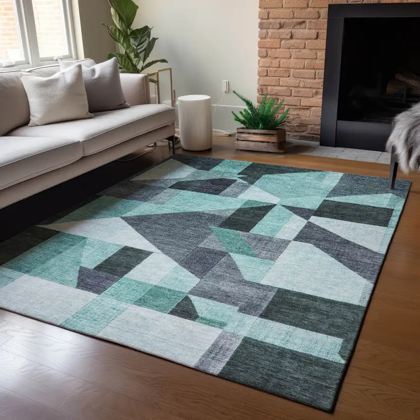Teal Blue And Gray Geometric Washable Indoor Outdoor Area Rug Photo 6