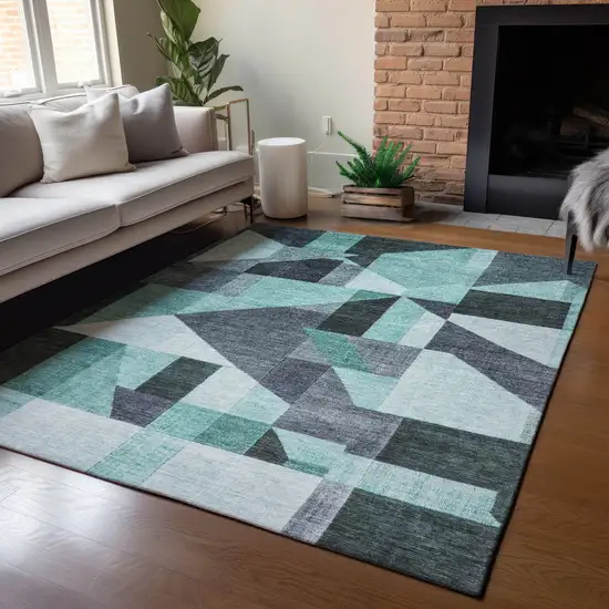 Teal Blue And Gray Geometric Washable Indoor Outdoor Area Rug Photo 6