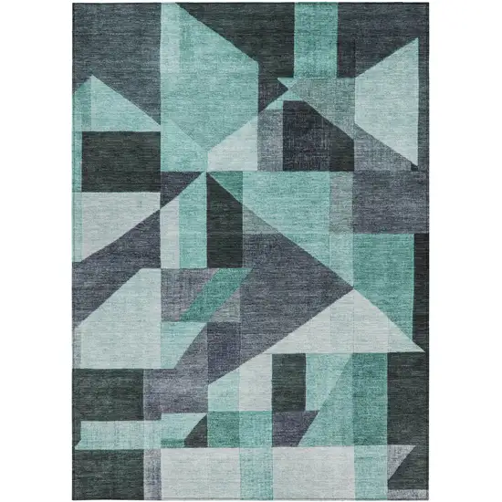 Teal Blue And Gray Geometric Washable Indoor Outdoor Area Rug Photo 3