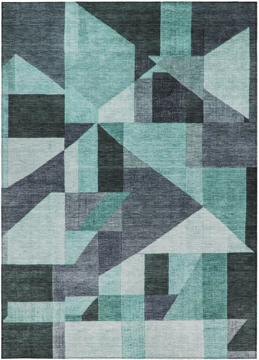 Teal Blue And Gray Geometric Washable Indoor Outdoor Area Rug Photo 3