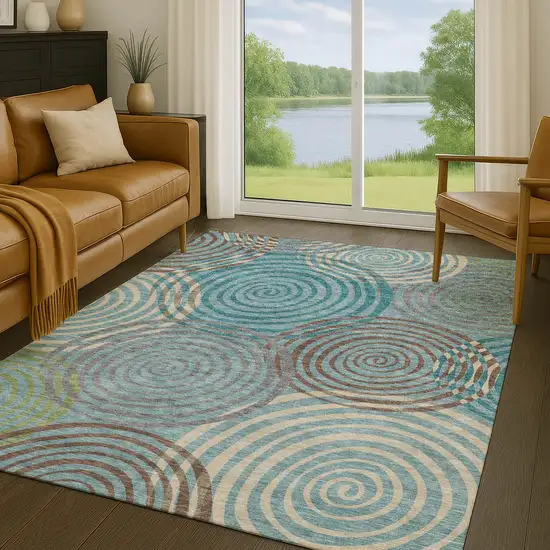 Teal Blue And Gray Geometric Washable Indoor Outdoor Area Rug Photo 5
