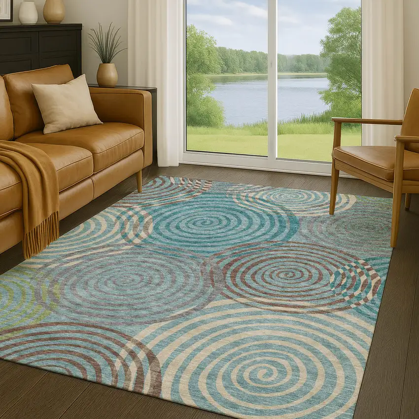 Teal Blue And Gray Geometric Washable Indoor Outdoor Area Rug Photo 5