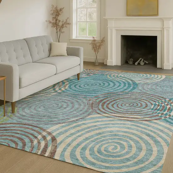 Teal Blue And Gray Geometric Washable Indoor Outdoor Area Rug Photo 6