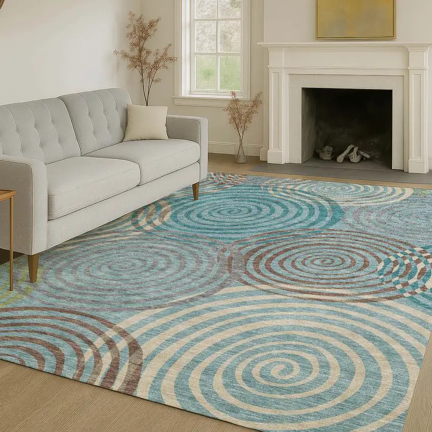 Teal Blue And Gray Geometric Washable Indoor Outdoor Area Rug Photo 6