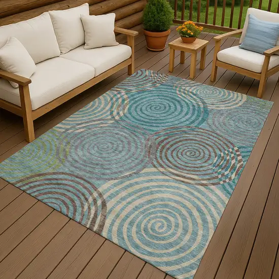 Teal Blue And Gray Geometric Washable Indoor Outdoor Area Rug Photo 4