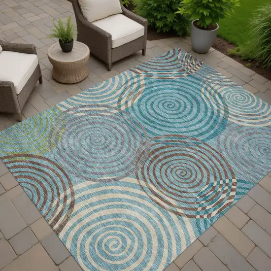 Teal Blue And Gray Geometric Washable Indoor Outdoor Area Rug Photo 7