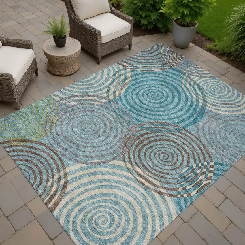 Teal Blue And Gray Geometric Washable Indoor Outdoor Area Rug Photo 7
