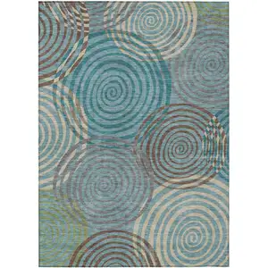 Photo of Teal Blue And Gray Geometric Washable Indoor Outdoor Area Rug