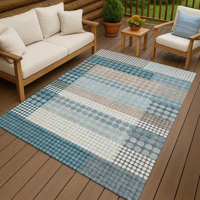 Teal Blue And Gray Geometric Washable Indoor Outdoor Area Rug Photo 4