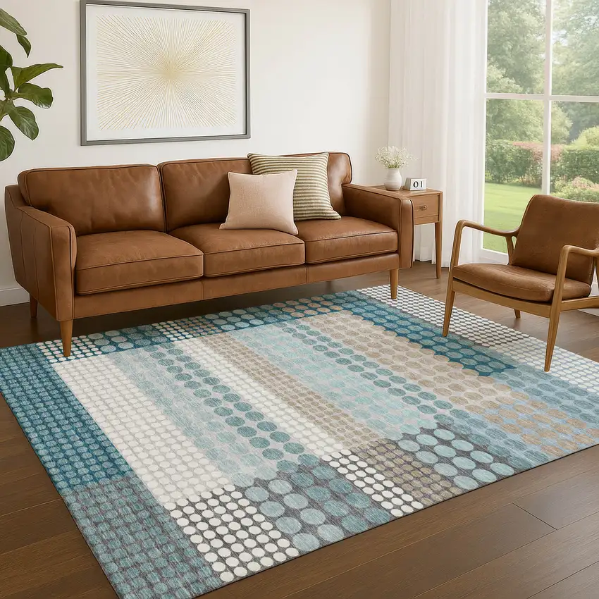 Teal Blue And Gray Geometric Washable Indoor Outdoor Area Rug Photo 5
