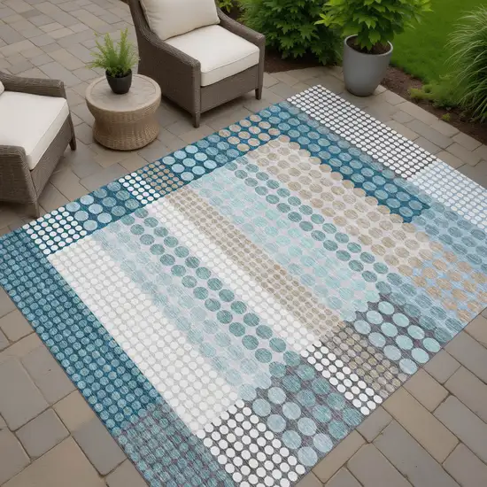 Teal Blue And Gray Geometric Washable Indoor Outdoor Area Rug Photo 7