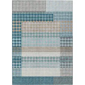 Photo of Teal Blue And Gray Geometric Washable Indoor Outdoor Area Rug