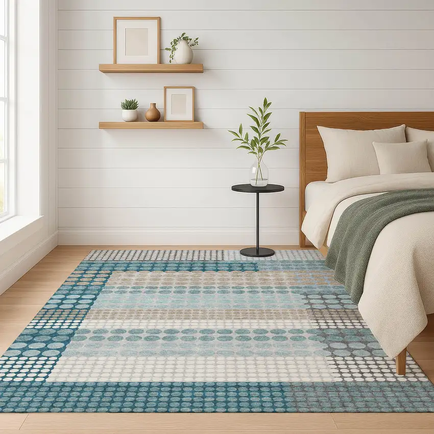 Teal Blue And Gray Geometric Washable Indoor Outdoor Area Rug Photo 6