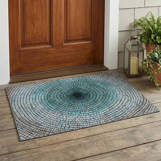 Teal Blue And Gray Geometric Washable Indoor Outdoor Area Rug Photo 1